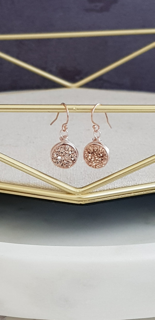 Round Rose Gold Druzy Earrings