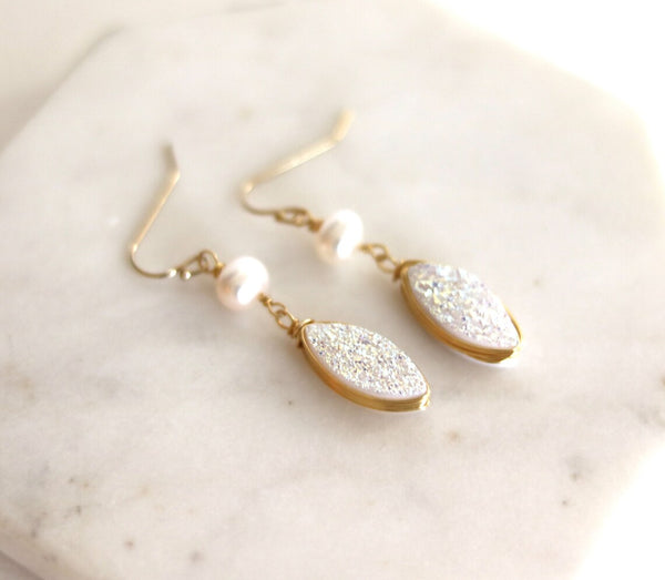 White marquise druzy and pearl earrings