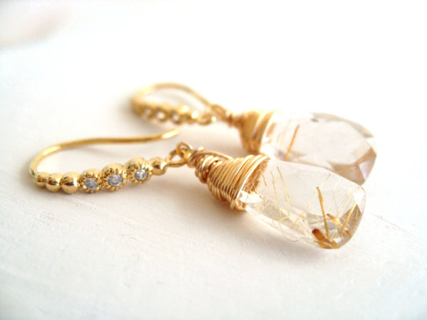 Bridal earrings Gold Rutilated Quartz Earrings Cubic Zirconia