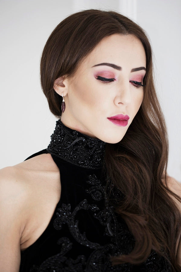 Burgundy Mookaite dewdrop earrings Sterling silver CZ