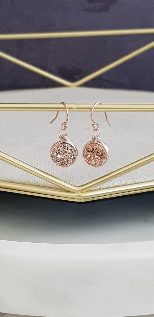 Round Rose Gold Druzy Earrings