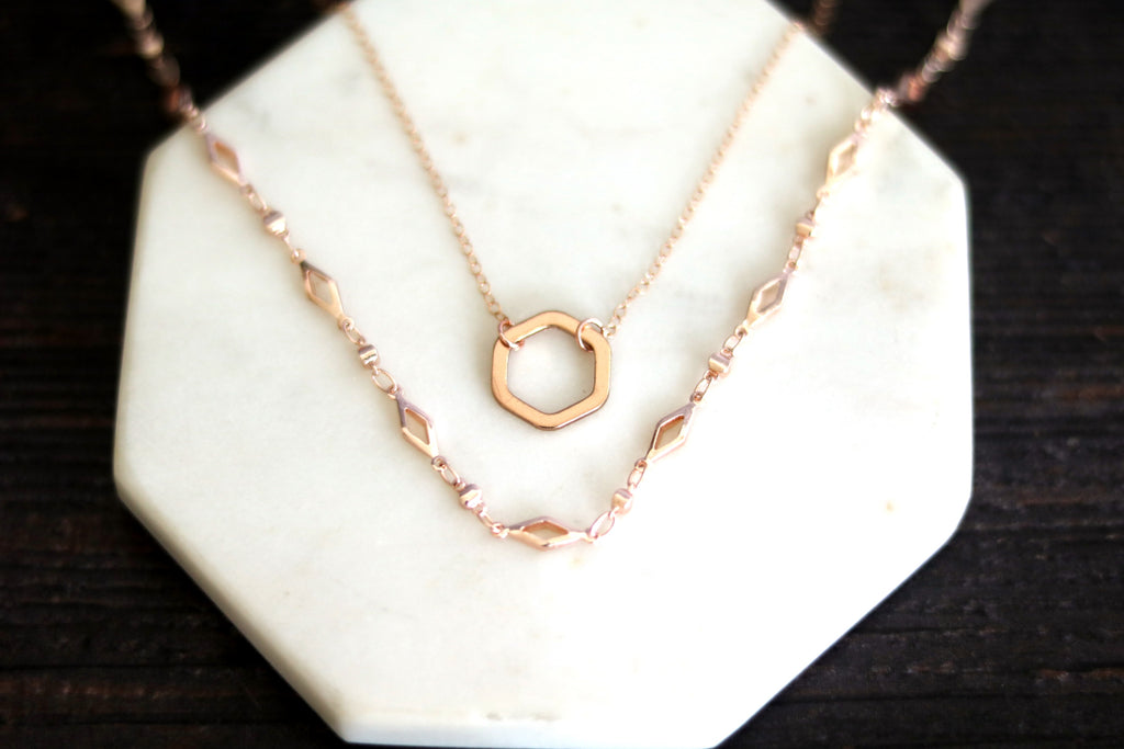 As Seen On Dead To Me - Rose gold Hexagon Necklace VitrineDesigns