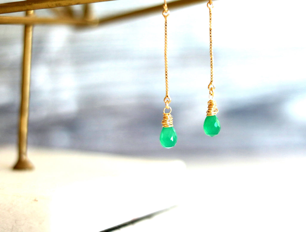Emerald green onyx linear earrings 14K goldfilled Minimalist jewelry