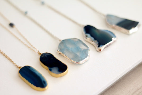 Agate Slice necklace bohemian long statement necklace in Vermeil gold/ sterling silver