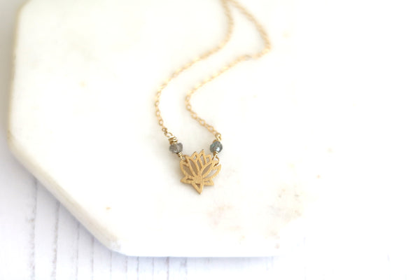 Gold Lotus necklace 14K goldfilled with gemstone birthstone