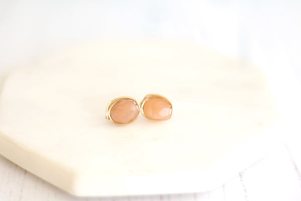 Peach Moonstone Stud earrings June birthstone post earrings Waterlily collection