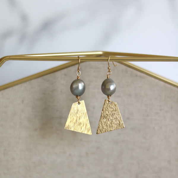 Modern grey pearl brushed gold earrings