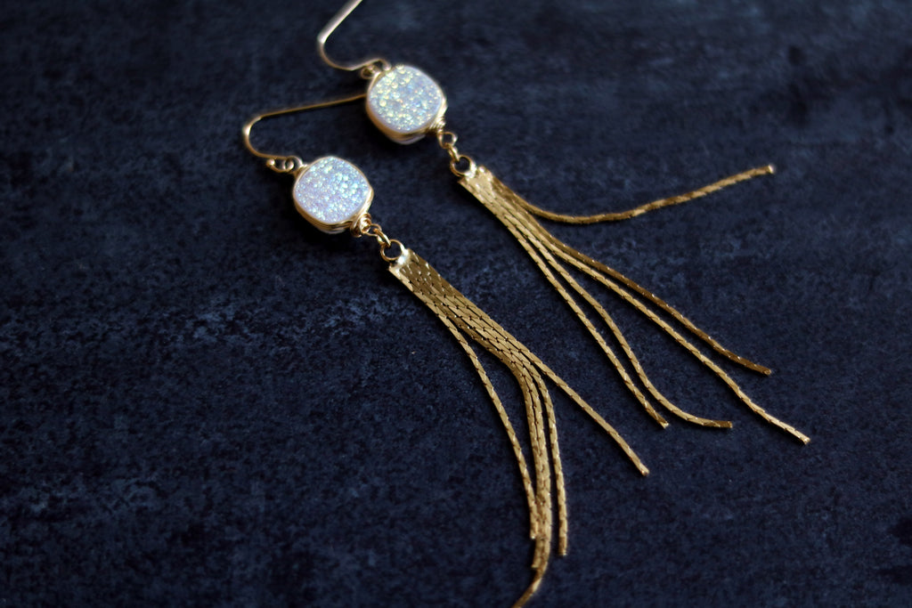 White druzy Long Gold Tassel Earrings