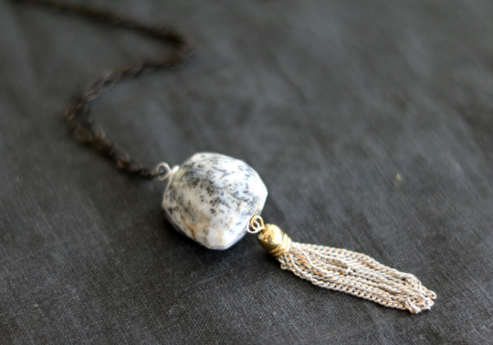 Dendrite opal long statement boho necklace Black and white marble VitrineDesigns