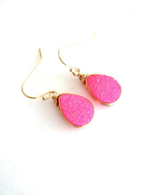 Hot pink Druzy Teardrop Earrings
