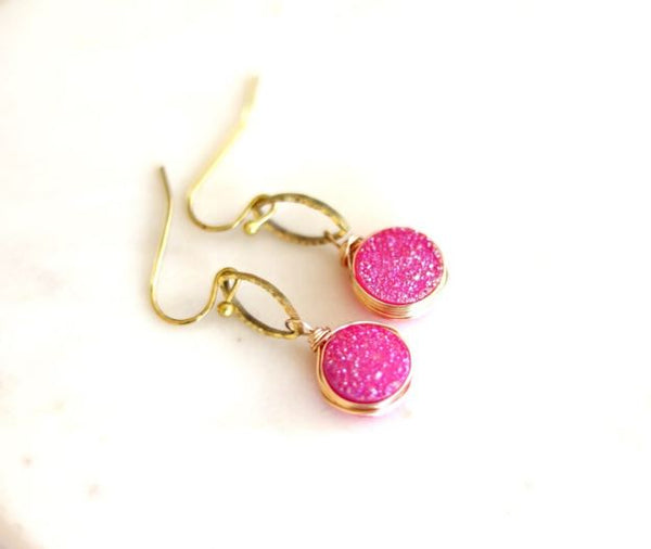Hot Pink Druzy dangle earrings