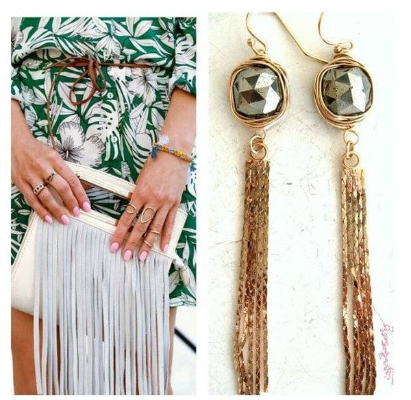 Pyrite Fringe earrings  mixed metal tassel