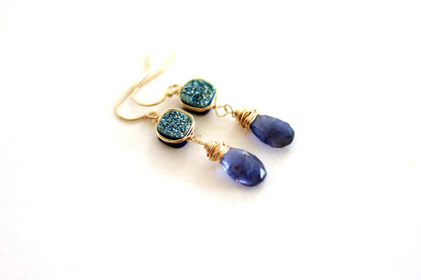 Iolite Gemstone and aqua Druzy earrings