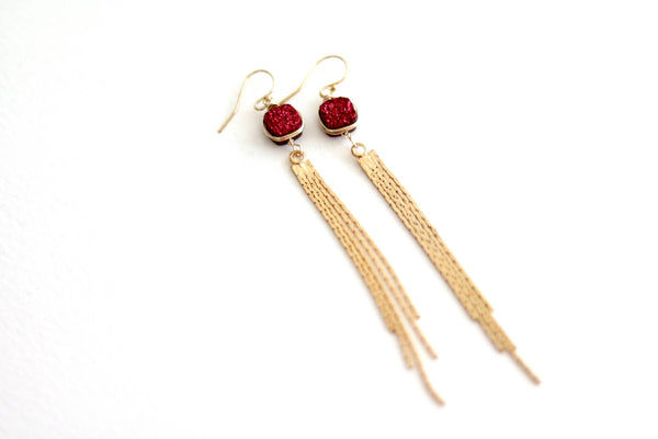 Red druzy Long Gold Tassel Earrings