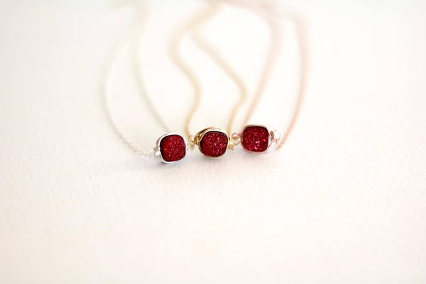 Square Red Druzy Necklace