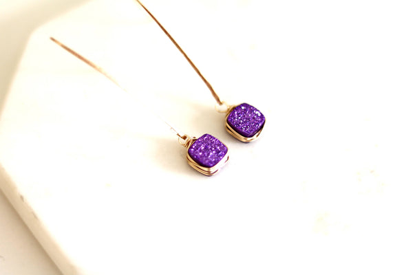 Square Ultraviolet Purple Druzy Earrings Hammered Gold