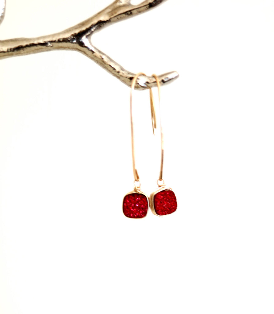 Hammered Gold and Red Druzy Earrings