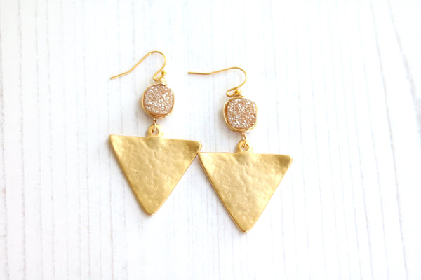 Statement Gold Triangle Champagne Druzy earrings