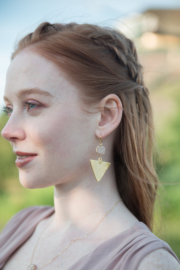 Statement Gold Triangle Champagne Druzy earrings