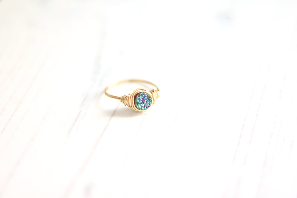 Peacock green druzy round ring