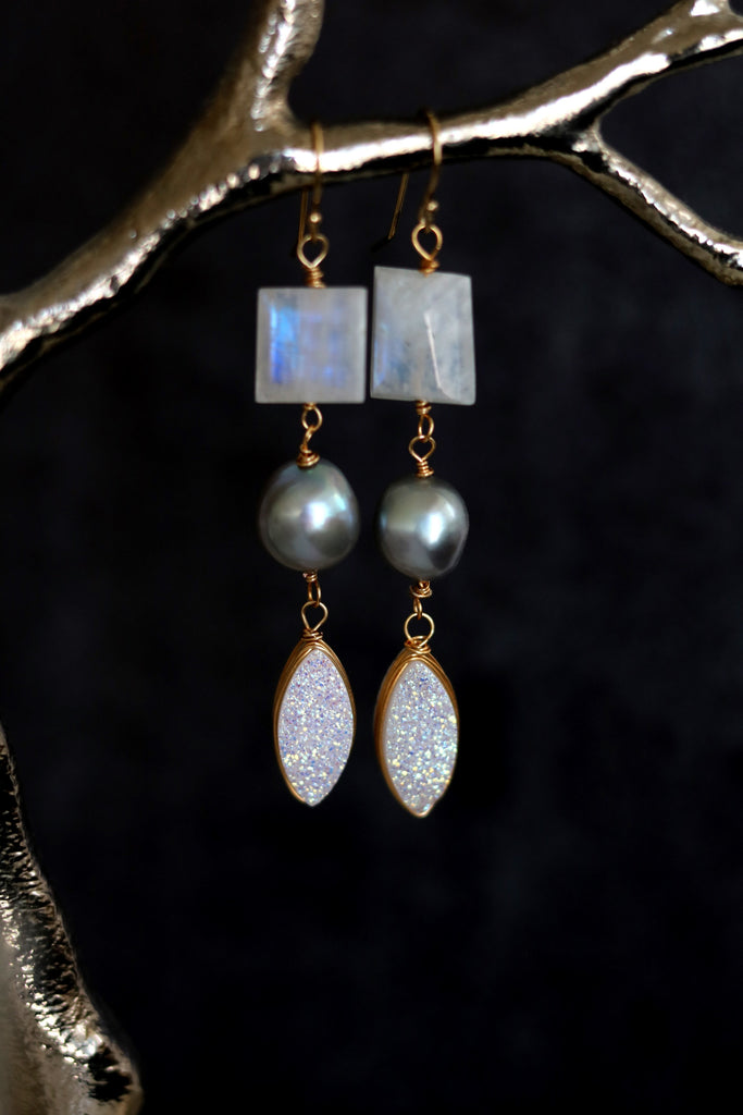 Statement moonstone pearl druzy earrings