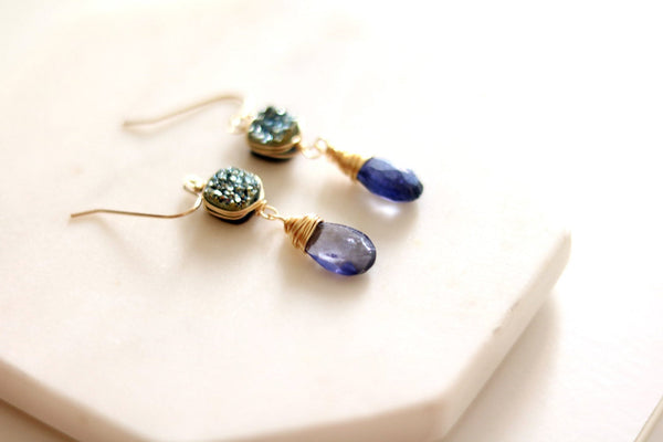 Iolite Gemstone and aqua Druzy earrings