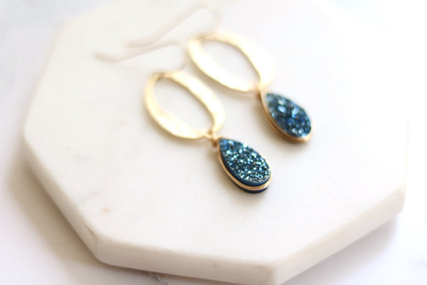 Gold and blue teardrop Druzy Earrings