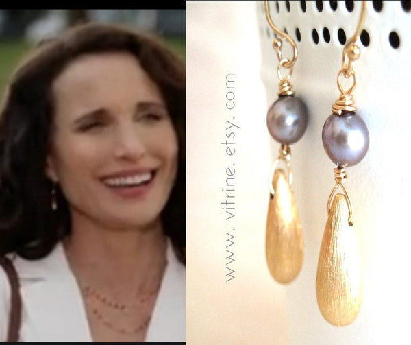 As seen on Cedar Cove - Mauve Grey pearl earrings vermeil gold Andie MacDowell