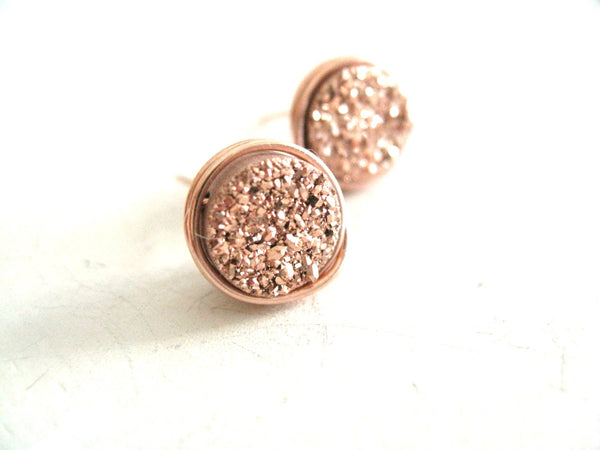 Round Rose Gold Druzy Studs