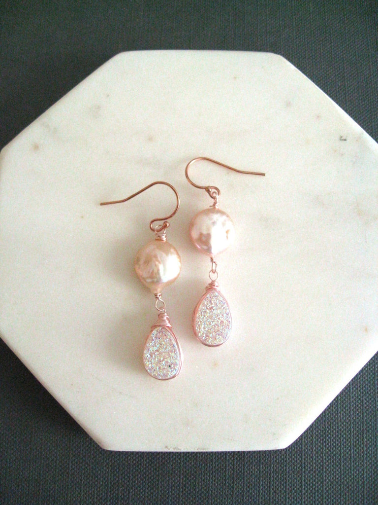 Pink Pearl and druzy Earrings