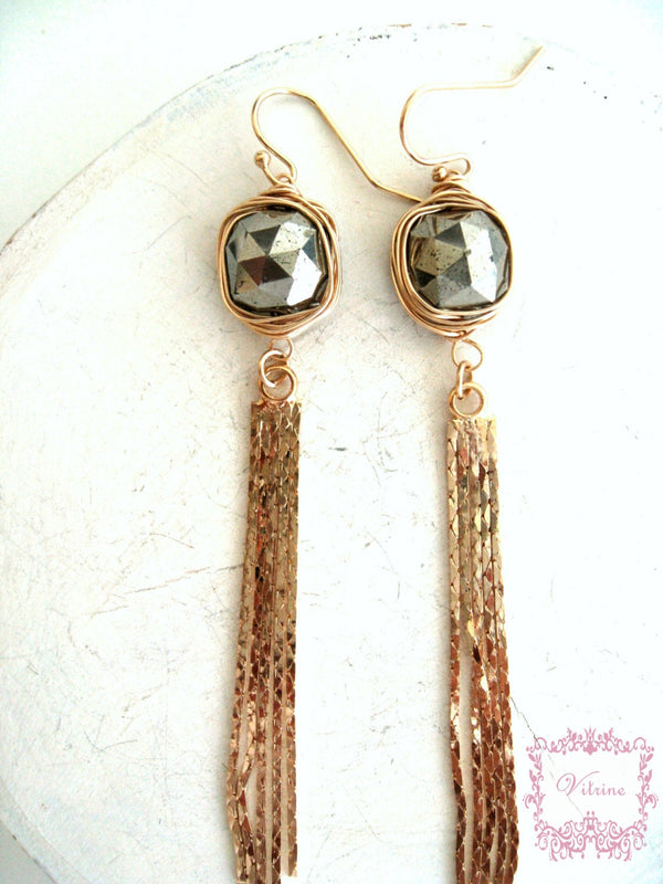 Pyrite Fringe earrings  mixed metal tassel