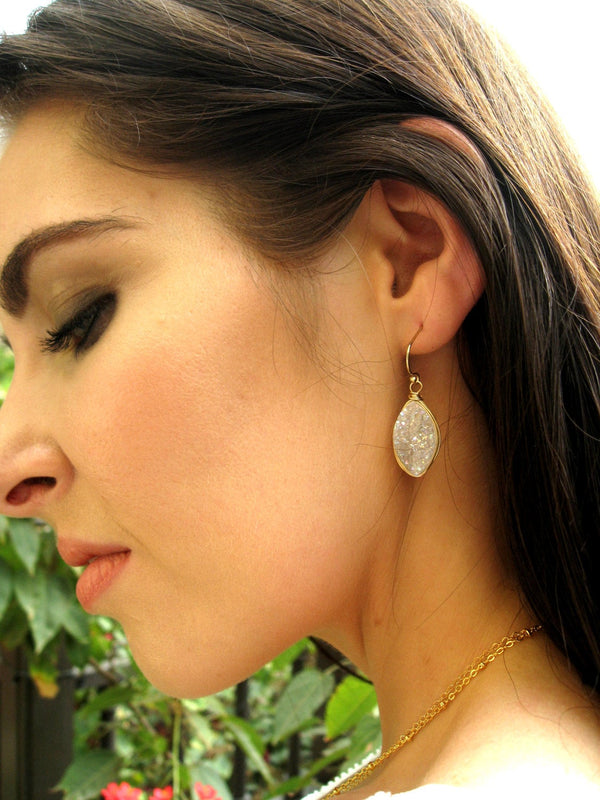White druzy marquise earrings