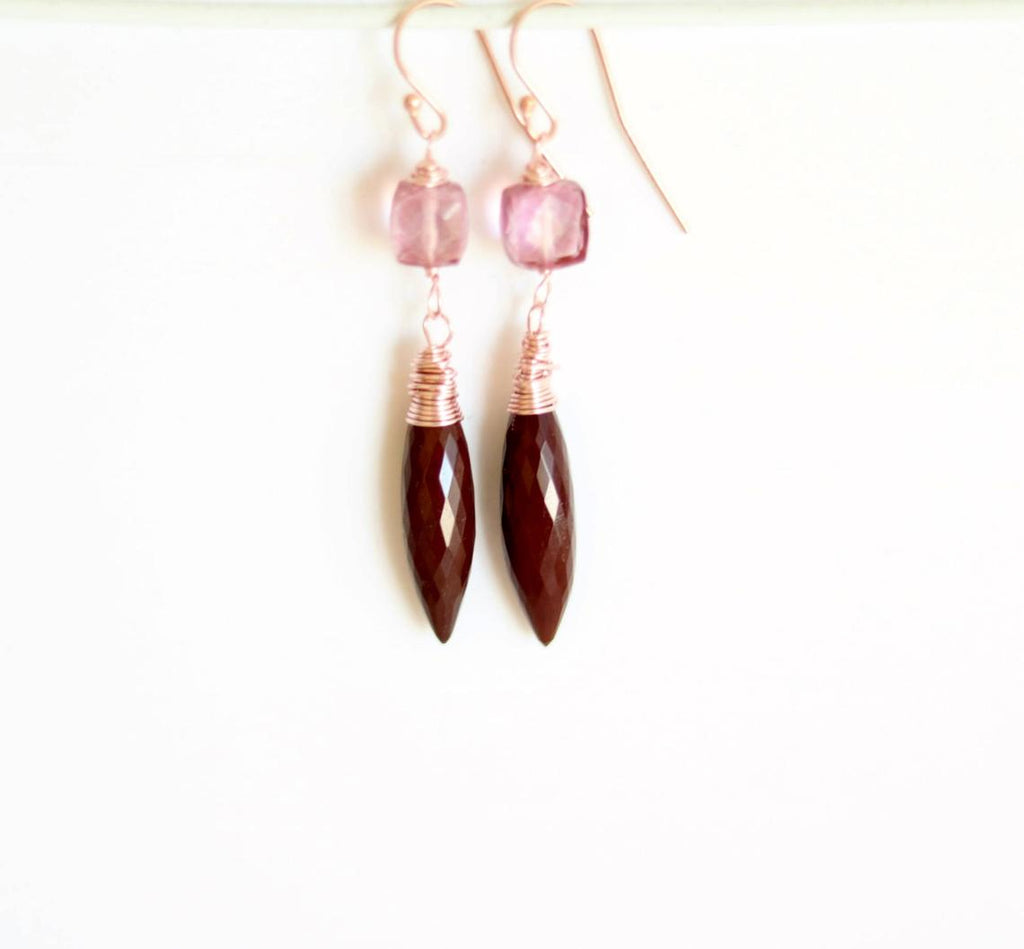 Burgundy and pink Mookaite gem earrings