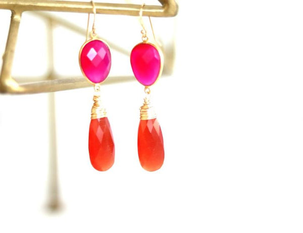 Statement earrings Pink chalcedony Orange Cat's Eye dramatic colorful drops