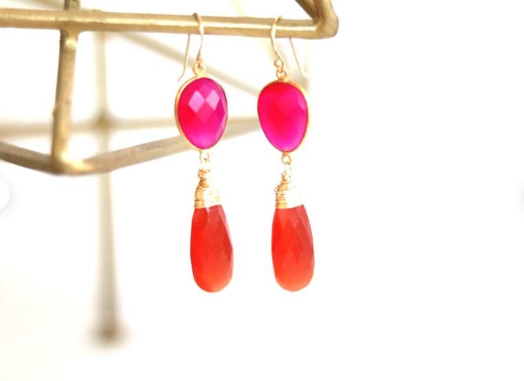 Statement earrings Pink chalcedony Orange Cat's Eye dramatic colorful drops